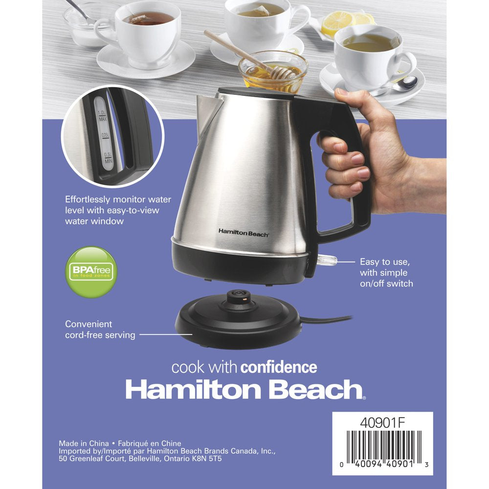 1 Liter Electric Kettle, Stainless Steel and Black, New, 40901F