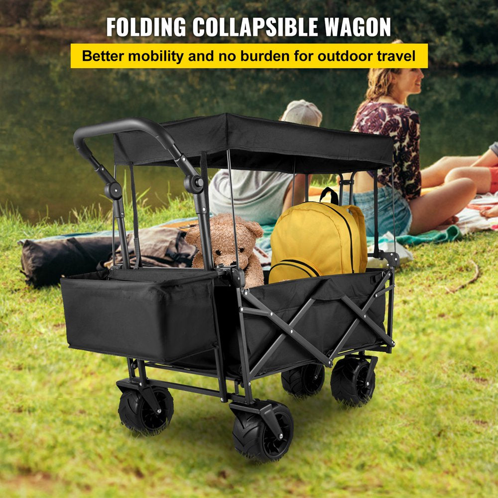 brand Collapsible Wagon Cart Black, Foldable Wagon Cart Removable Canopy 602D Oxford Cloth, Collapsible Wagon Oversized Wheels, Portable Folding Wagon Adjustable Handles, Beach, Garden, Sports