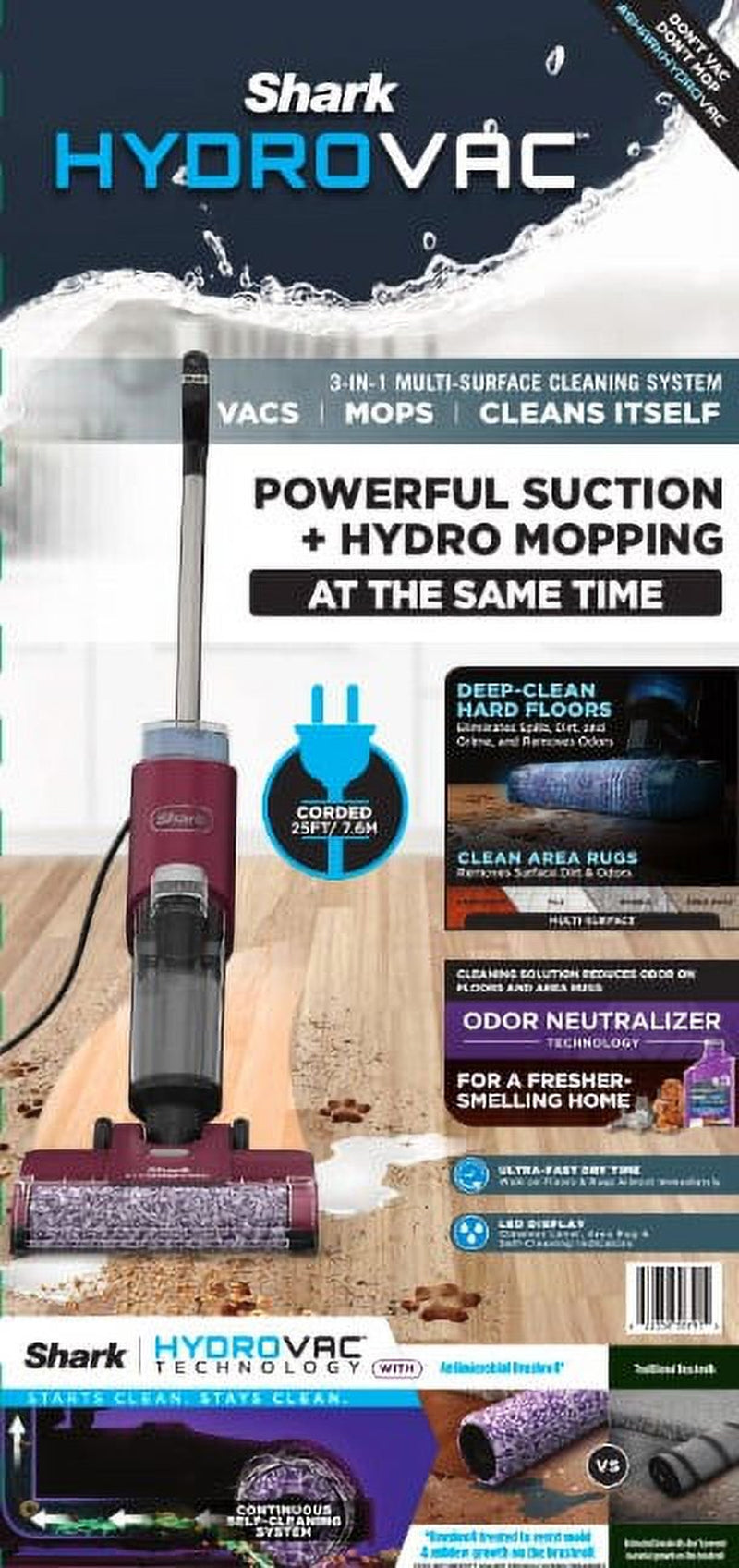 Hydrovac 3In1 Vacuum, Mop & Self-Cleaning Corded System, with Antimicrobial Brushroll* & Multi-Surface Cleaning Solution, Perfect for Hardwood, Tile, Marble, Laminate & Area Rugs, WD100
