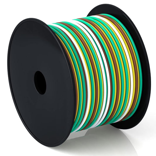 100Foot Bonded 4-Way Trailer RV Camper Towing Boat Wiring Harness Wire Spool, Primary 4-Wire 14 Gauge CCA Trailer RV Wire, Ideal for All Basic Wiring Needs(Green, Yellow, Brown, White)