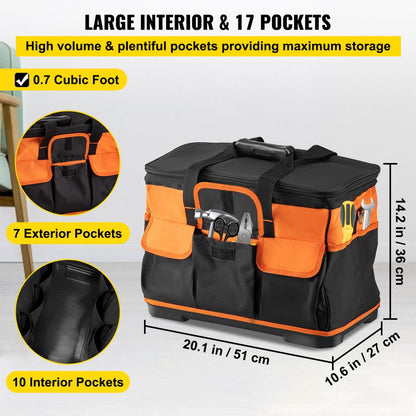 Rolling Tool Bag, 20-Inch 17 Pockets Bag with Two 2.56In Wheels, Oxford Fabric Material with Telescoping Handle, 198Lb Load Capacity for Garden Electrician Tool Organization