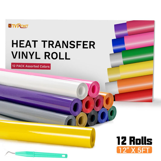 HTV Heat Transfer Vinyl Bundle (12 Pack) - 12 Inch by 5 Feet HTV Vinyl Rolls, Easy to Cut Iron on Vinyl for Cricut & Cameo, Easy to Weed Heat Transfer Vinyl