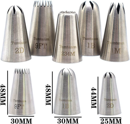 #9FT #1B #2D #1M #234M Seamless Stainless Steel Piping Icing Tips, 5 Pack Extra Large Piping Nozzles Cupcake Decorating Kit