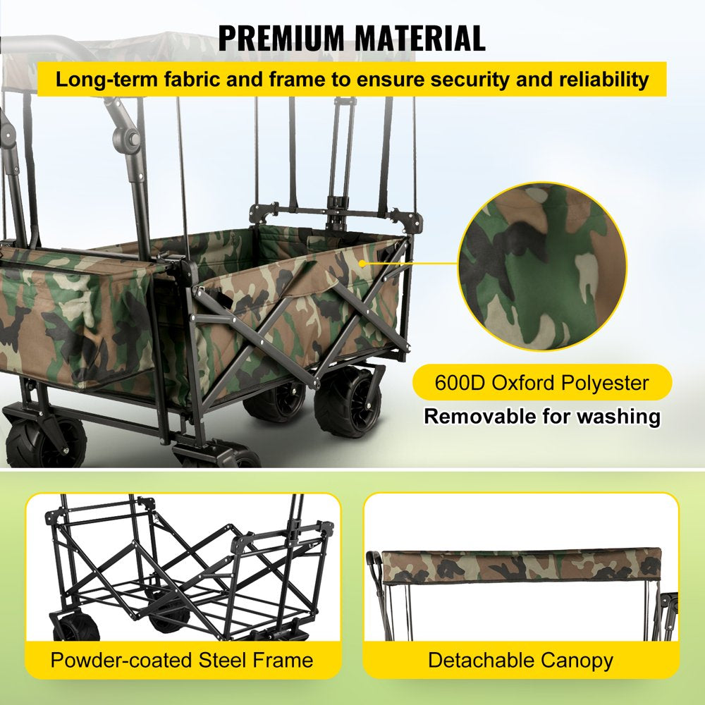 Collapsible Wagon Cart Camouflage, Foldable Wagon Cart Removable Canopy 603D Oxford Cloth, Collapsible Wagon Oversized Wheels, Portable Folding Wagon Adjustable Handles, Beach, Garden