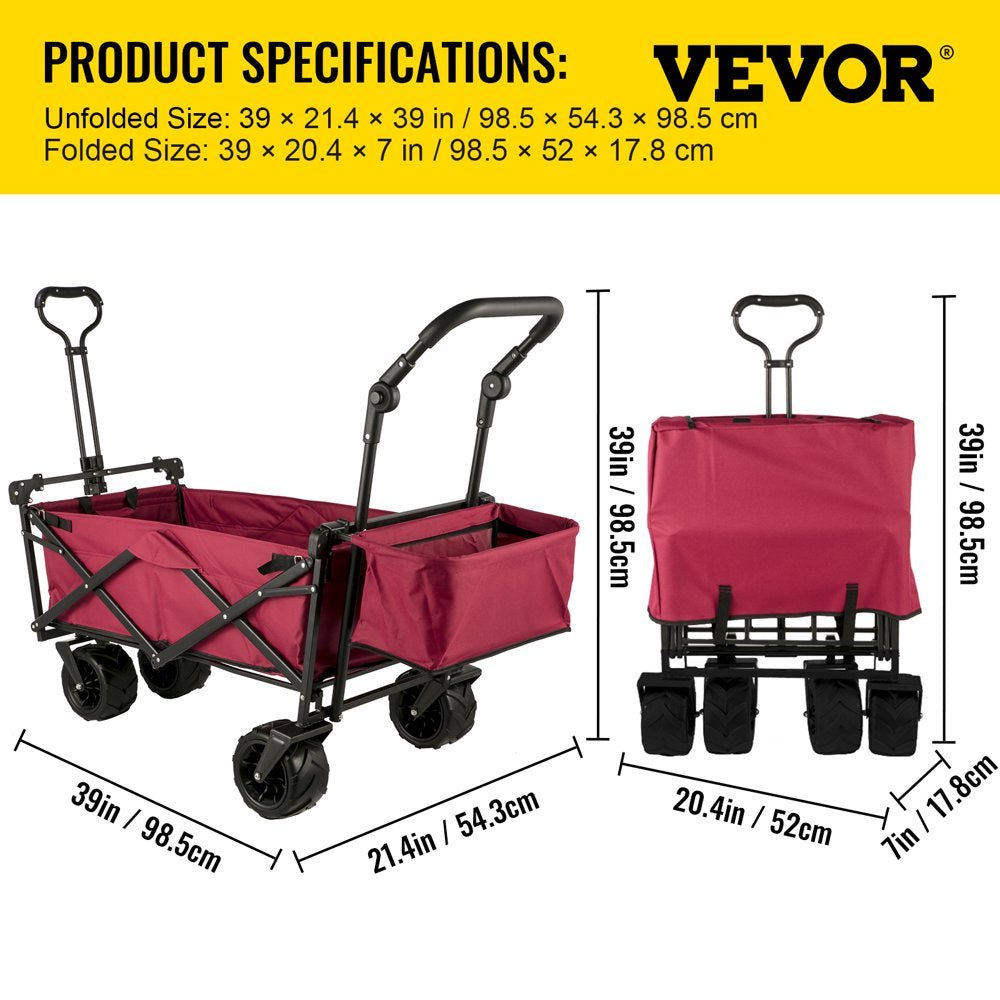brand Collapsible Wagon Cart Red, Foldable Wagon Cart Removable Canopy 601D Oxford Cloth, Collapsible Wagon Oversized Wheels, Portable Folding Wagon Adjustable Handles, Beach, Garden, Sports