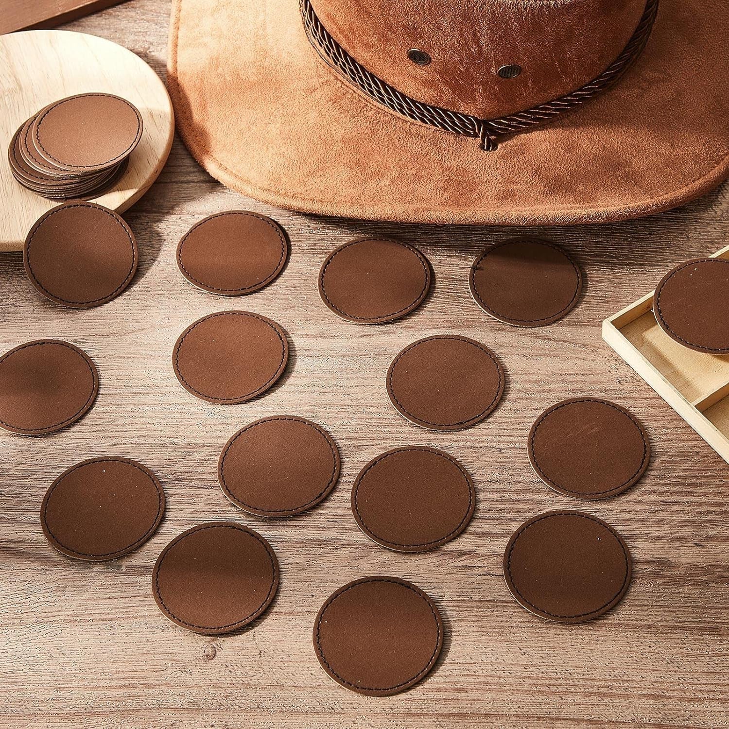30 Pcs Blank Leather Hat Patches with Adhesive round Laserable Leatherette Patch Brown Faux Leather Patches Glowforge Laser Supplies for Hats, Jackets, Backpacks (Dark Brown)
