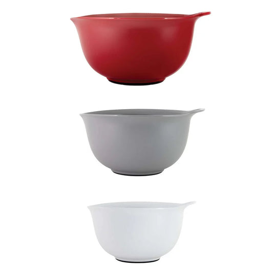 Universal Set of 3 Easy Pour, Non-Slip Mixing Bowls in Red, Gray, and White