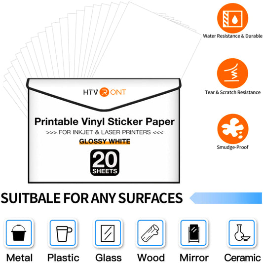 Printable Vinyl for Inkjet Printer & Laser Printer - 20 Pcs Glossy White Inkjet Printable Vinyl Sticker Paper, 8.5"X11"