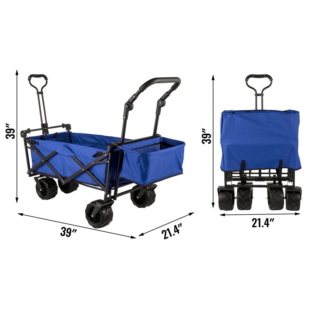 brand Collapsible Wagon Cart Blue, Foldable Wagon Cart Removable Canopy 600D Oxford Cloth, Collapsible Wagon Oversized Wheels, Portable Folding Wagon Adjustable Handles, Beach, Garden, Sports