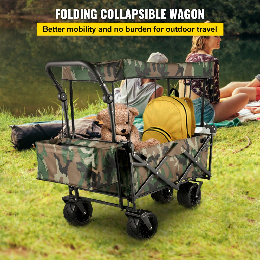 Collapsible Wagon Cart Camouflage, Foldable Wagon Cart Removable Canopy 603D Oxford Cloth, Collapsible Wagon Oversized Wheels, Portable Folding Wagon Adjustable Handles, Beach, Garden