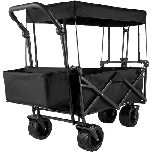 brand Collapsible Wagon Cart Black, Foldable Wagon Cart Removable Canopy 602D Oxford Cloth, Collapsible Wagon Oversized Wheels, Portable Folding Wagon Adjustable Handles, Beach, Garden, Sports