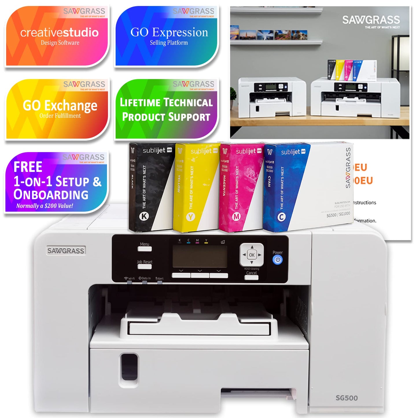 Sawgrass UHD Virtuoso SG500 Sublimation Printer, 15''x15'' Heat Press, Inks, Blanks, Paper, Designs, Bundle, White
