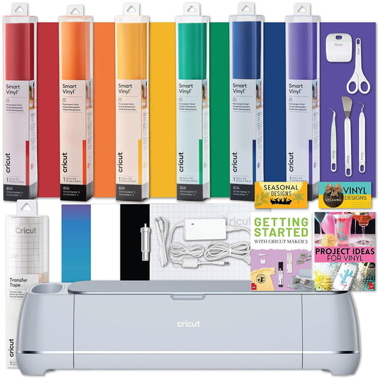 Cricut Maker 3 Machine Bundle Basic Tool Kit Transfer Tape Smart Permanent Rainbow Vinyl DIY Matless Cutting 10X Force 2X Faster Compatible with iOS Android Windows & Mac Bluetooth Connectivity