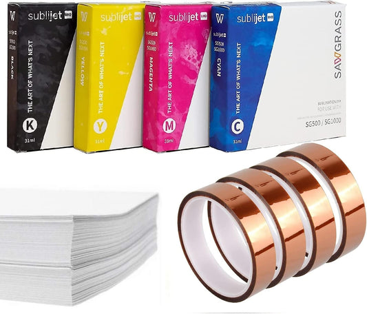 Sawgrass SubliJet UHD CMYK Inks SG500 & SG1000, Bundle with 110 sheets SUBLIMAX sublimation Paper & 4 Heat-Resistant Tapes (SG500 Black Cyan Magenta Yellow)