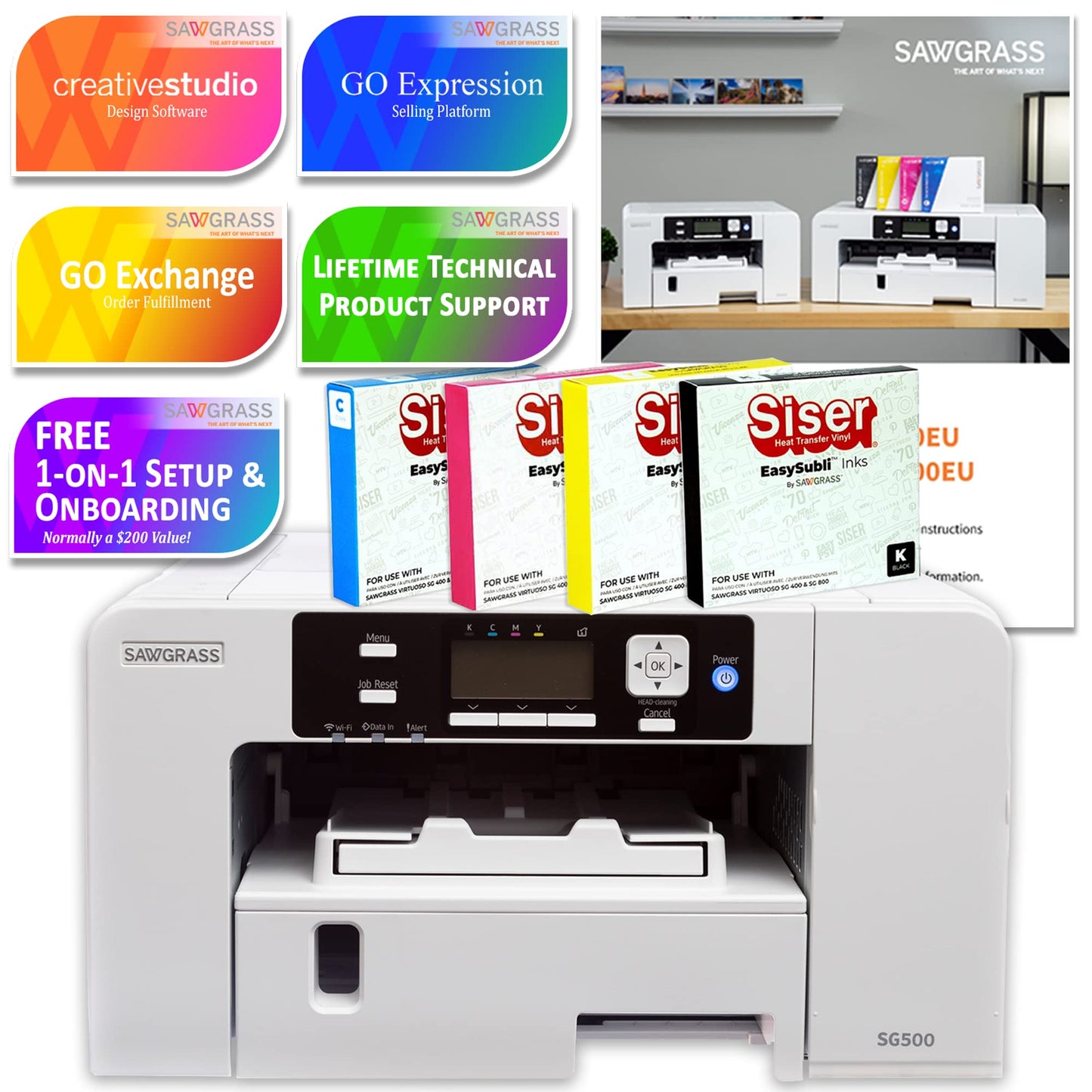 Sawgrass Easysubli SG500 Sublimation Printer Bundle with Inks, 450 Sheets of Paper, Tape, Tools, Blanks, Mega Design Pack, White, SG500-PRNT-BUNDLE-6