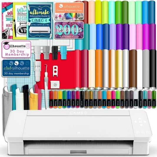 Silhouette White Cameo 4 with 38 Oracal Sheets, Siser HTV, Guides, 24 Pens