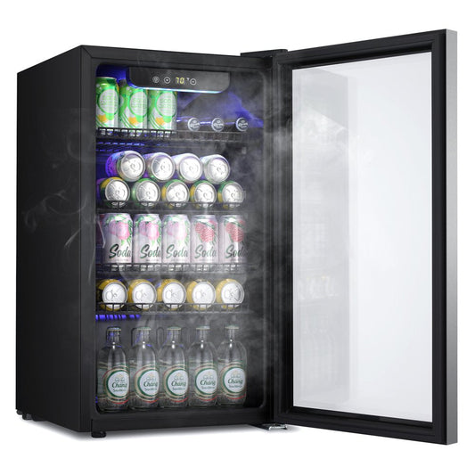 3.2 Cu.Ft Beverage Refrigerator Cooler -120 Can Mini Fridge, Freestanding Wine Chiller, Glass Door for Soda, Beer or Wine Constant Glass Door for Home/Office/Bar-Black