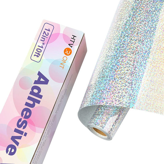 12" X 10FT Holographic Sparkle Silver Glitter Adhesive Vinyl Permanent Roll for Cricut