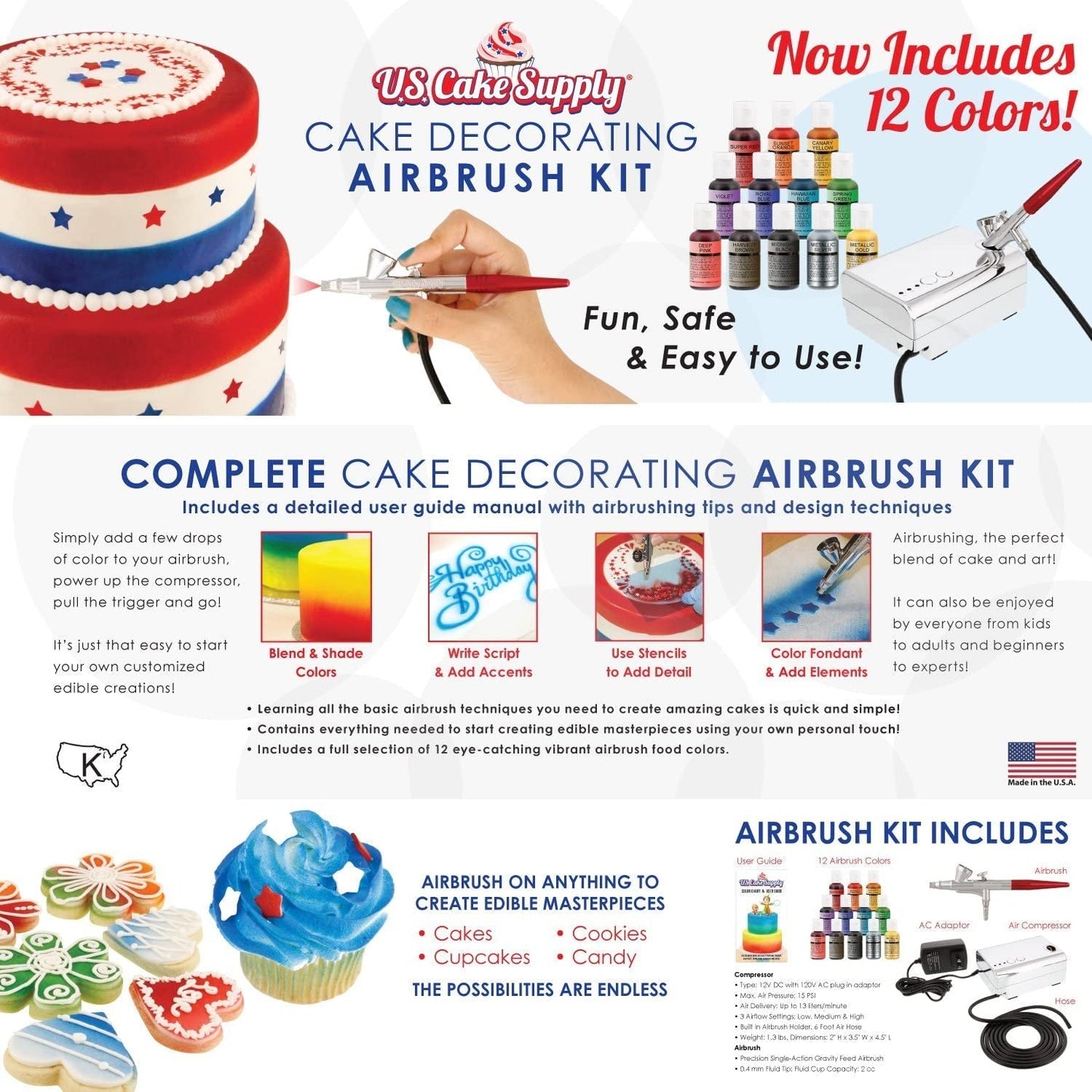 '- Complete Cake Decorating Airbrush Kit with a Full Selection of 12 Vivid Airbrush Food Colors - Decorate Cakes, Cupcakes, Cookies & Desserts
