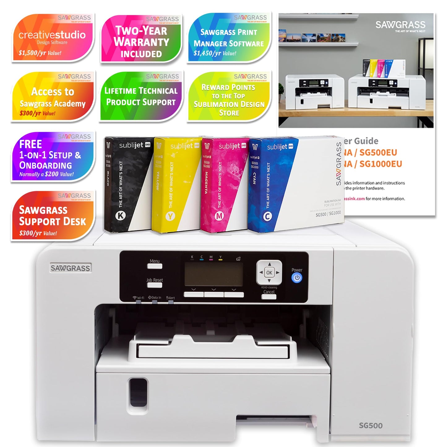 Sawgrass UHD Virtuoso SG500 Sublimation Printer with Deluxe Stater Bundle (20ml Ink Set)