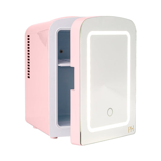 Mini Refrigerator and Personal Beauty Fridge, Mirrored Door with Light, 4 Liter, Pink