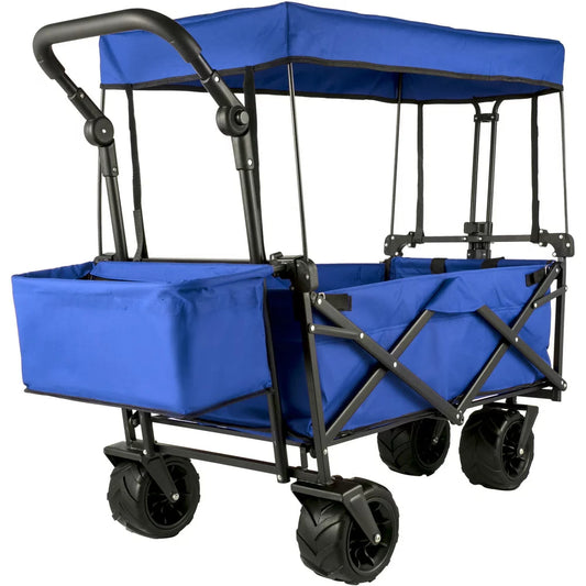 brand Collapsible Wagon Cart Blue, Foldable Wagon Cart Removable Canopy 600D Oxford Cloth, Collapsible Wagon Oversized Wheels, Portable Folding Wagon Adjustable Handles, Beach, Garden, Sports