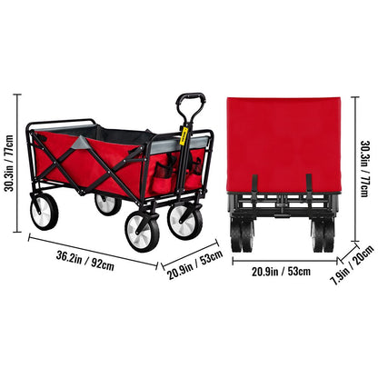 brand Collapsible Wagon Cart ,Folding Wagon Cart , 176 Lbs Load Beach Wagon Oversized Wheels, Portable Folding Wagon Adjustable Handles for Beach, Garden, Sports, Camping, Red & Gray