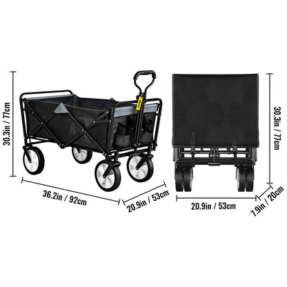 brand Collapsible Wagon Cart ,Folding Wagon Cart , 176 Lbs Load Beach Wagon Oversized Wheels, Portable Folding Wagon Adjustable Handles for Beach, Garden, Sports, Camping, Black & Gray