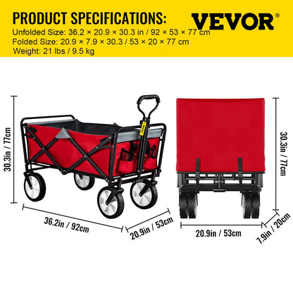 brand Collapsible Wagon Cart ,Folding Wagon Cart , 176 Lbs Load Beach Wagon Oversized Wheels, Portable Folding Wagon Adjustable Handles for Beach, Garden, Sports, Camping, Red & Gray