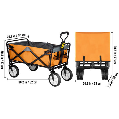 brand Collapsible Wagon Cart ,Folding Wagon Cart , 176 Lbs Load Beach Wagon Oversized Wheels, Portable Folding Wagon Adjustable Handles for Beach, Garden, Sports, Camping, Orange & Gray