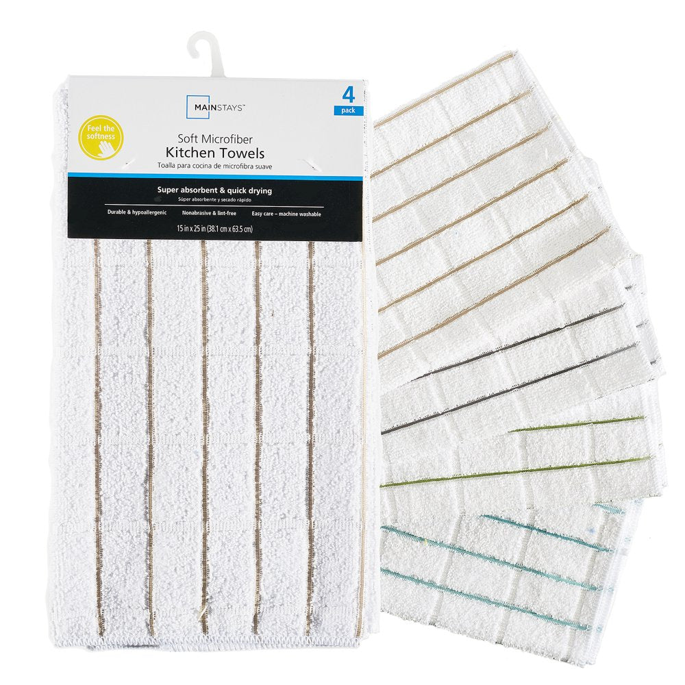 , 4 Pack, Microfiber Stripe Kitchen Towels, White