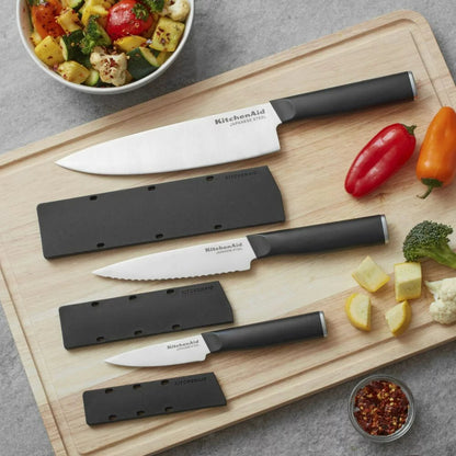 Classic 3-Piece Chef Knife Set Black with Endcap and Blade Cover, Black