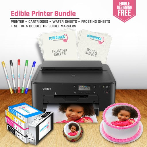 ICINGINKS® Edible Photo & Image Printer Art Package including Canon PIXMA TS702/TR8620 (Wireless) with Icinginks Edible Cartridges and frosting sheets, Wafer Paper and Set of 5 Standard Tip Edible Ink Markers