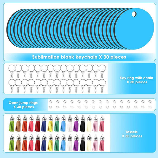 120Pcs Sublimation Keychain Blanks Bundles with Blue Protective Film MDF round Keychain with Tassels