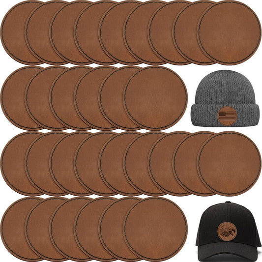 30 Pcs Blank Leather Hat Patches with Adhesive round Laserable Leatherette Patch Brown Faux Leather Patches Glowforge Laser Supplies for Hats, Jackets, Backpacks (Dark Brown)