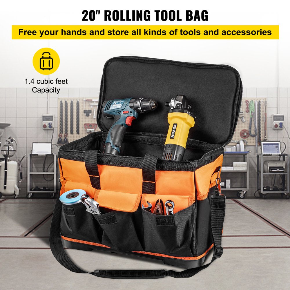 Rolling Tool Bag, 20-Inch 17 Pockets Bag with Two 2.56In Wheels, Oxford Fabric Material with Telescoping Handle, 198Lb Load Capacity for Garden Electrician Tool Organization