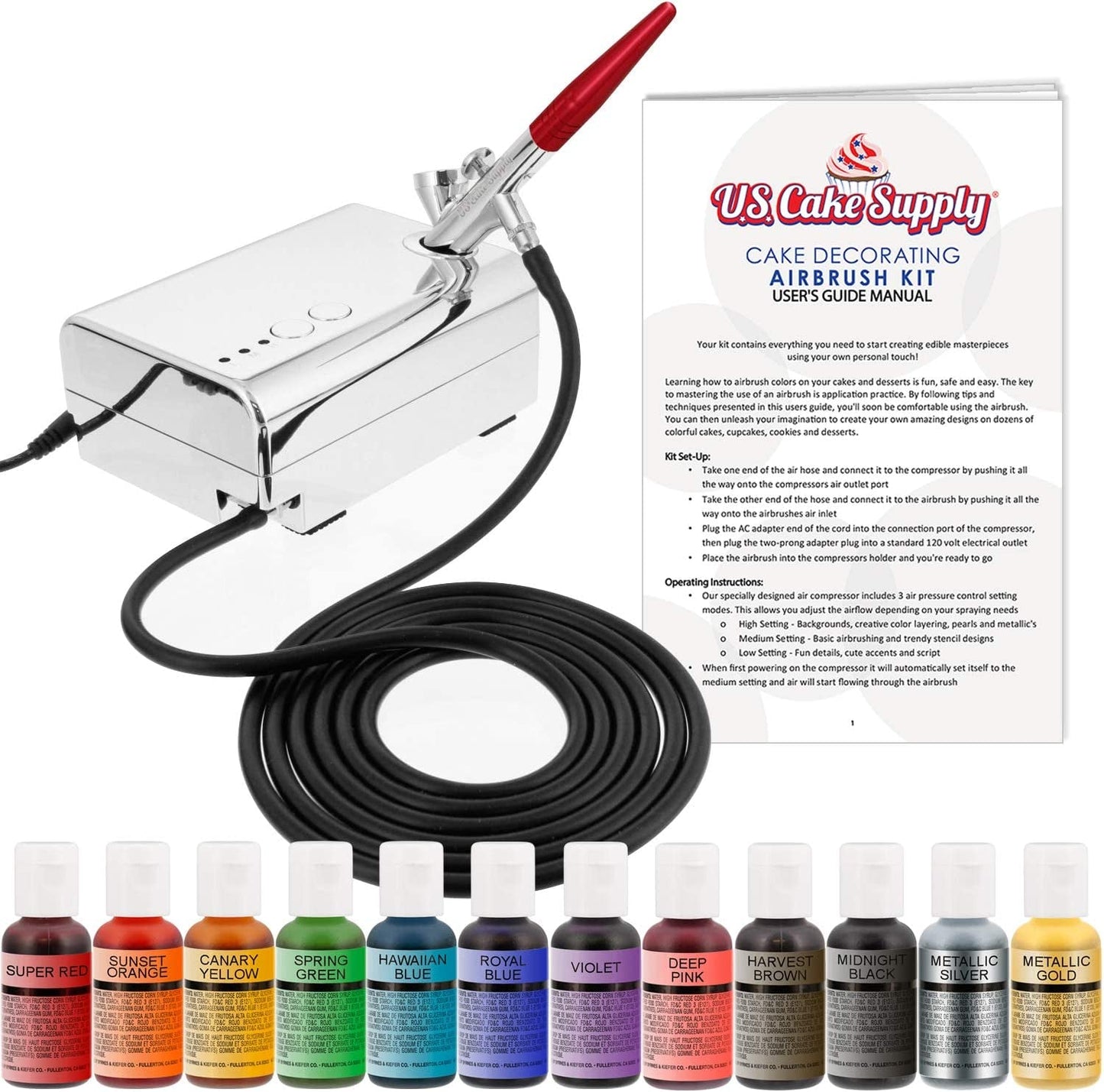 '- Complete Cake Decorating Airbrush Kit with a Full Selection of 12 Vivid Airbrush Food Colors - Decorate Cakes, Cupcakes, Cookies & Desserts