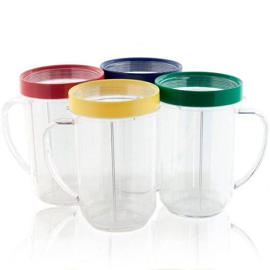 4 Pack 16 Ounce Party Mugs Cups with Colored Lip Rings, Compatible with Original Magic Bullet MB1001 Blender Juicer