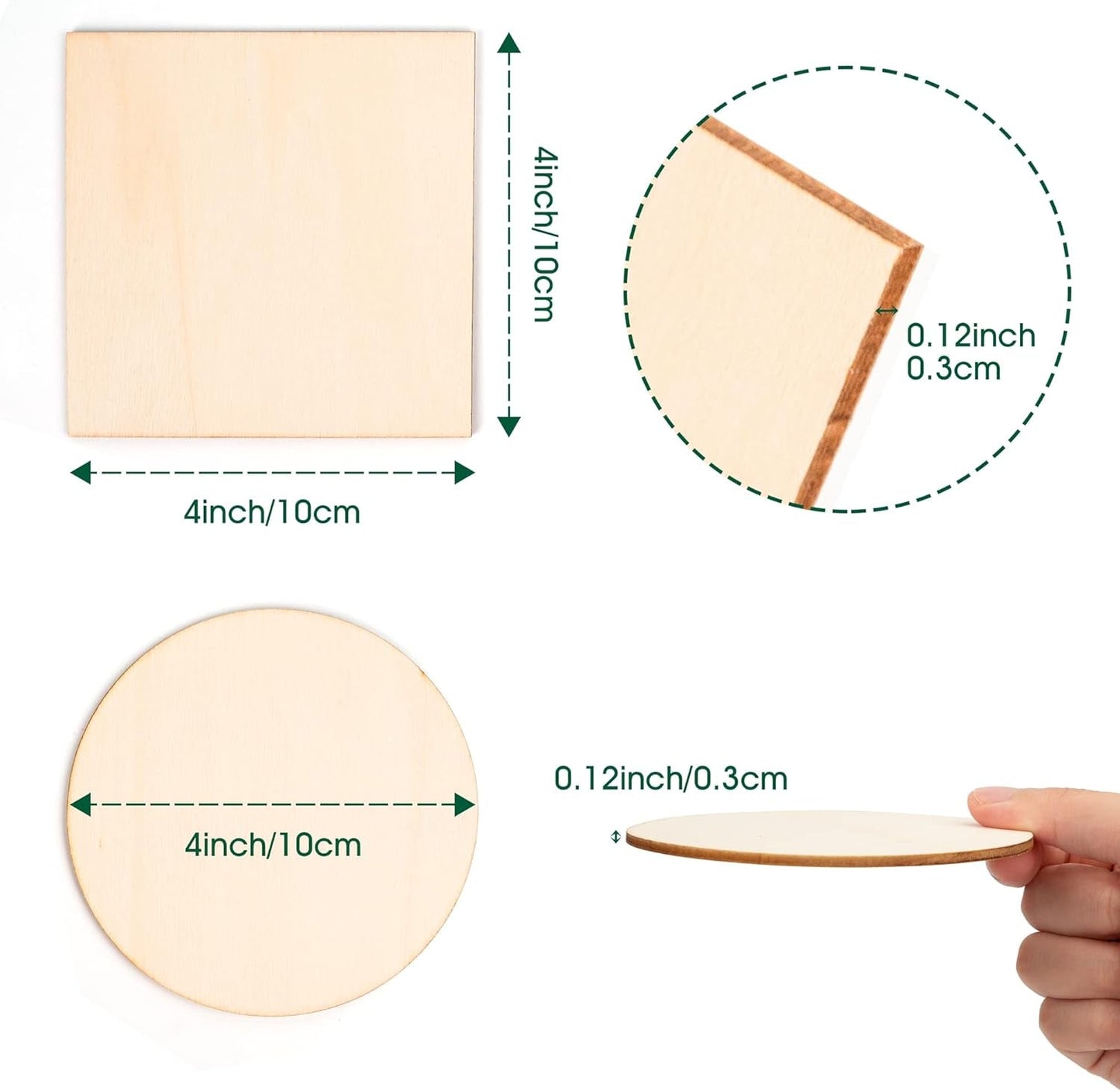 100 Pcs Wood Slices, 4X4 Inch Unfinished Wood Pieces for Cricut Xtool Glowforge, Blank Wooden Coasters for Crafts Home Wall Decoration Scrabble Tiles, 50 Pcs Wood Squares, 50 Pcs Wood Circles