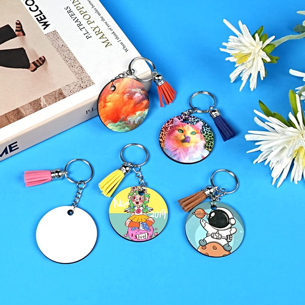 120Pcs Sublimation Keychain Blanks Bundles with Blue Protective Film MDF round Keychain with Tassels