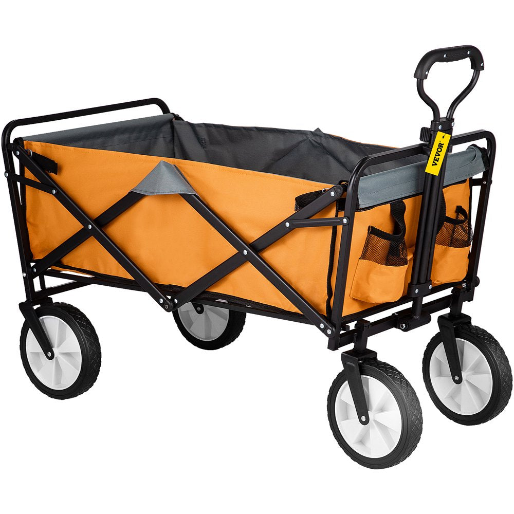 brand Collapsible Wagon Cart ,Folding Wagon Cart , 176 Lbs Load Beach Wagon Oversized Wheels, Portable Folding Wagon Adjustable Handles for Beach, Garden, Sports, Camping, Orange & Gray