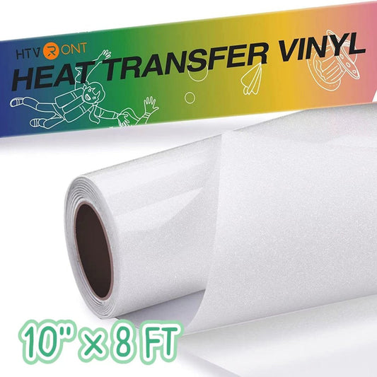 White 10" X 8FT Glitter Heat Transfer Vinyl Iron on HTV Vinyl for Cricut T-Shirt