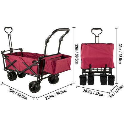 brand Collapsible Wagon Cart Red, Foldable Wagon Cart Removable Canopy 601D Oxford Cloth, Collapsible Wagon Oversized Wheels, Portable Folding Wagon Adjustable Handles, Beach, Garden, Sports