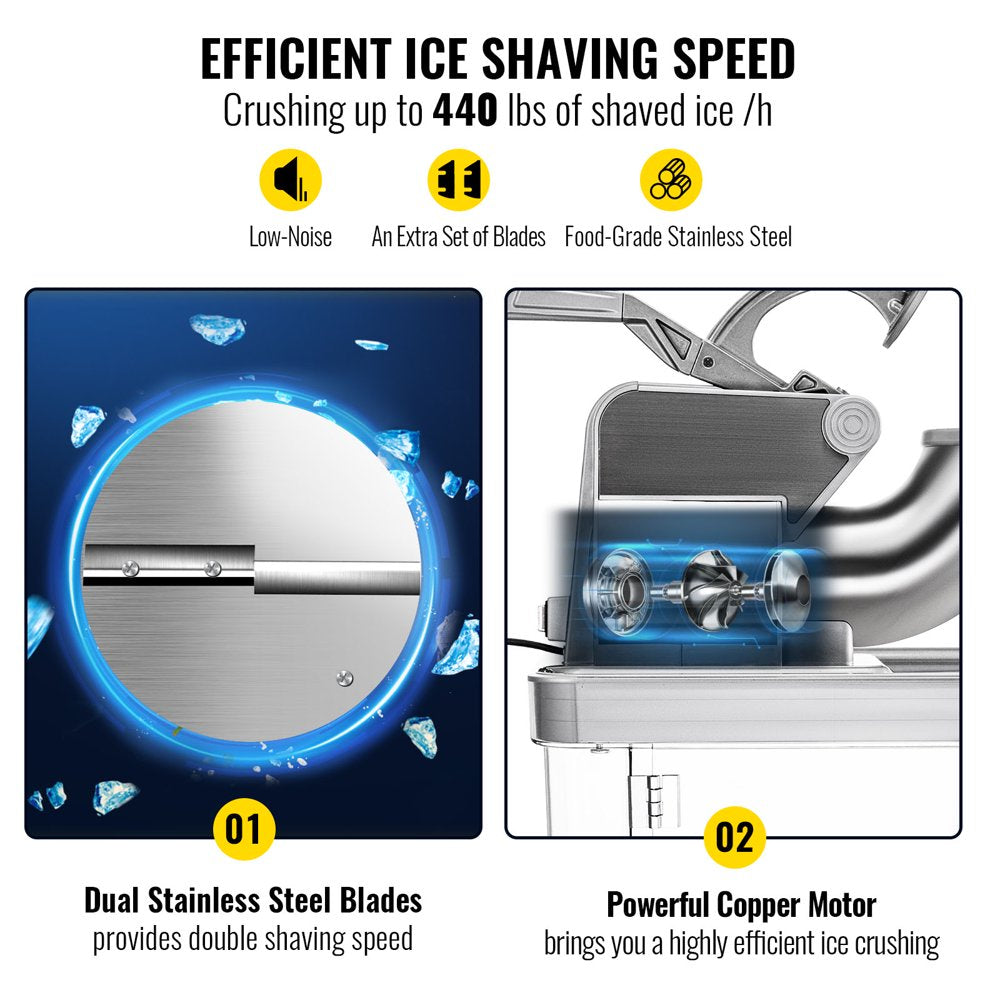 brand 110V Commercial Ice Crusher 440LBS/H, ETL Approved 300W Electric Snow Cone Machine with Dual Blades, Stainless Steel Shaved Ice Machine with Safety On/Off Switch
